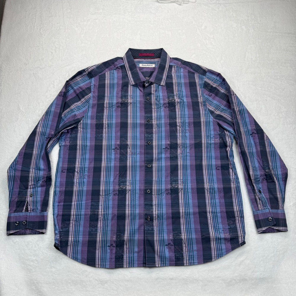 Tommy Bahama Silk‎ Blend Button Up Shirt Plaid Print Long Sleeve XL